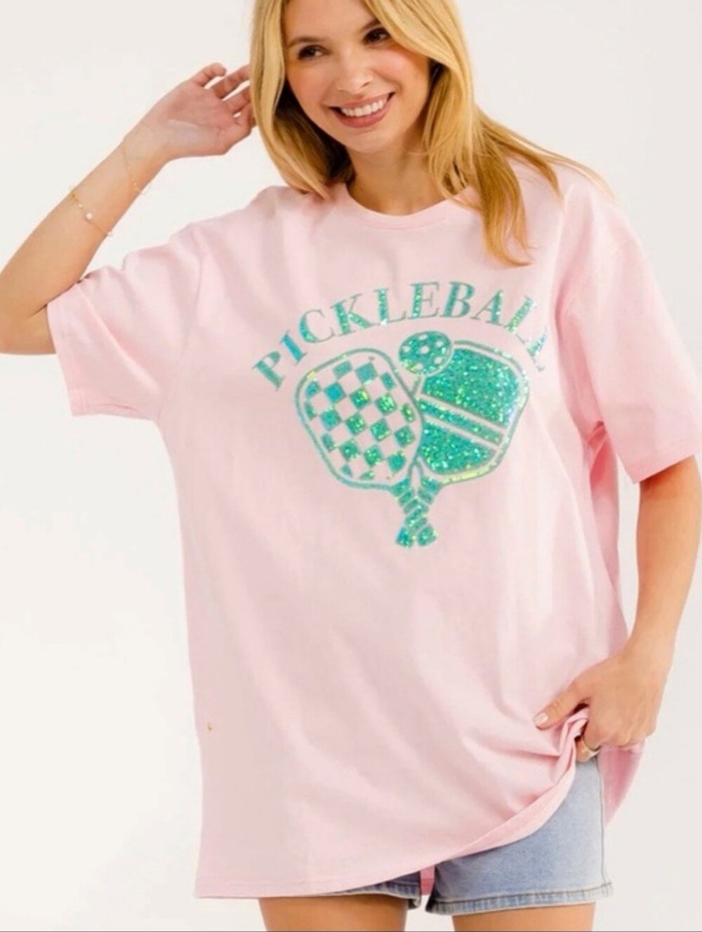 🩷NWOT/NIP Fantastic Fawn "Pink🩷 Pickleball Sequin✨ Graphic T-Shirt" Sz Large🩷 - Picture 2 of 16